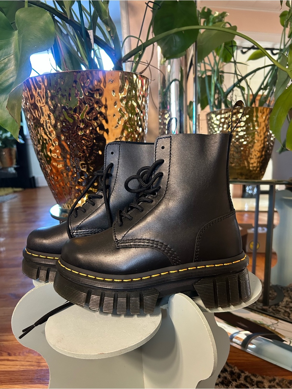Dr. Martens Black Leather Lug Boots with Yellow Stitching